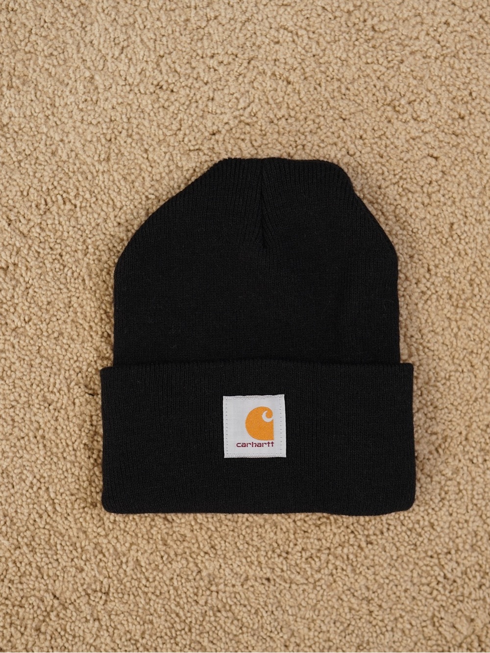 Carhartt Black Beanie with Orange Logo Patch